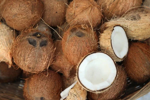 Куча кокосов на продовольственном рынке Индии — стоковое фото