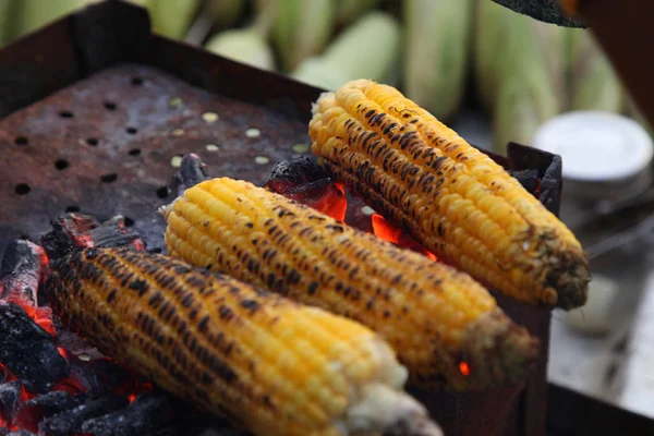 Taze kavrulmuş ya da ızgara corncobs. Izgarada Mısır sokakta Satılık.