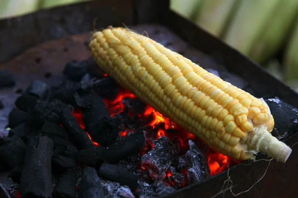 Mazorcas de maíz recién asadas o a la parrilla. Grilled Corn en venta en la calle . — Foto de Stock