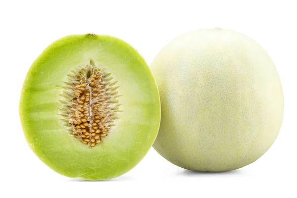 Verse Honing Dauw Meloen Snijd Fruit Geïsoleerd Witte Achtergrond Met — Stockfoto