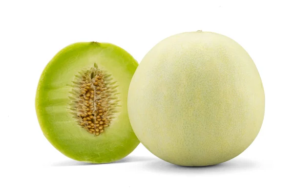 Verse Honing Dauw Meloen Snijd Fruit Geïsoleerd Witte Achtergrond Met — Stockfoto