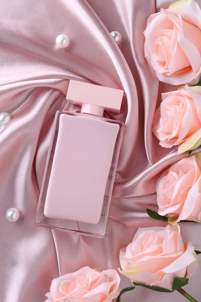 Perfume Bottle Silk Folded Fabric Background Packaging Design Mock Scent — Stock Photo, Image