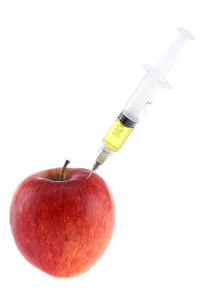 Injection Dans Une Pomme Une Main Dans Gant Médical Avec — Photo