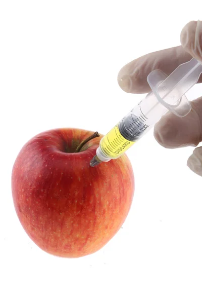 Injection Dans Une Pomme Une Main Dans Gant Médical Avec — Photo