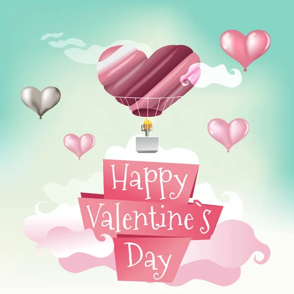 Bellissimo biglietto di auguri con palloncino cuore e testo Happy Valent — Vettoriale Stock