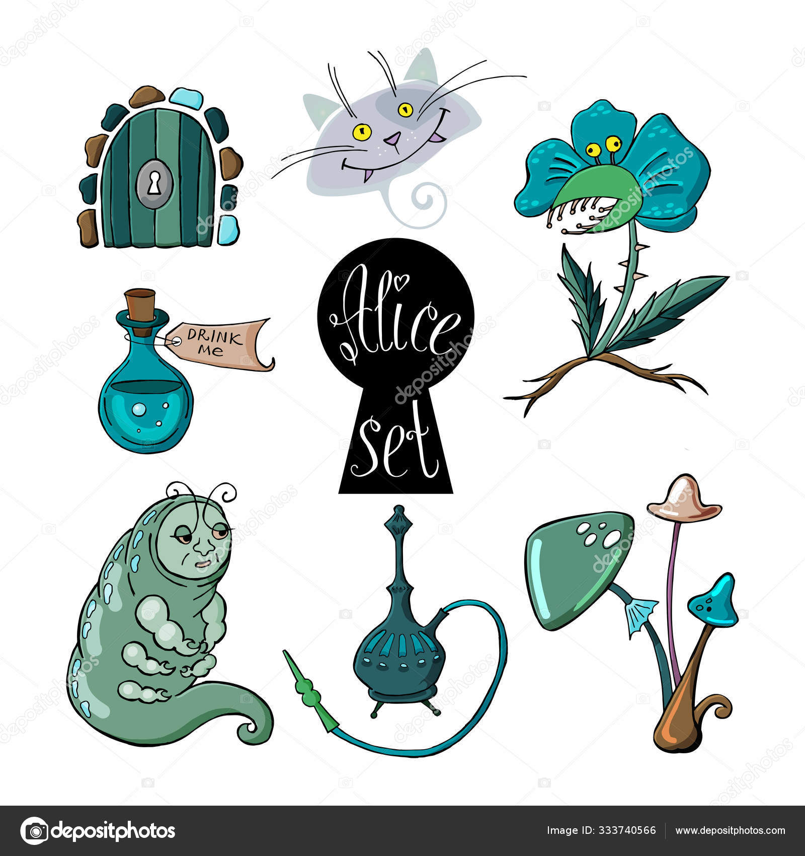 Download - Alice in Wonderland Set with caterpillar, magic drink, door, key...