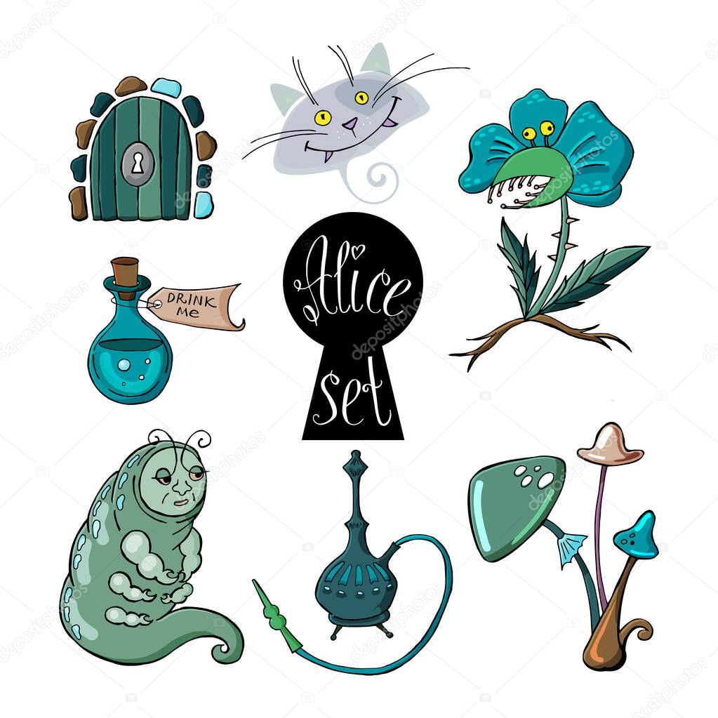 Alice in Wonderland Set with caterpillar, magic drink, door, keyhole, predatory flower, Cheshire cat and mushrooms. Vector illustration. Eps 10