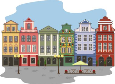 Vector illustration of beautiful street  in Prague, multicolor buildings, beautiful view in pedestrian area, pavement, lanterns and street cafe clipart