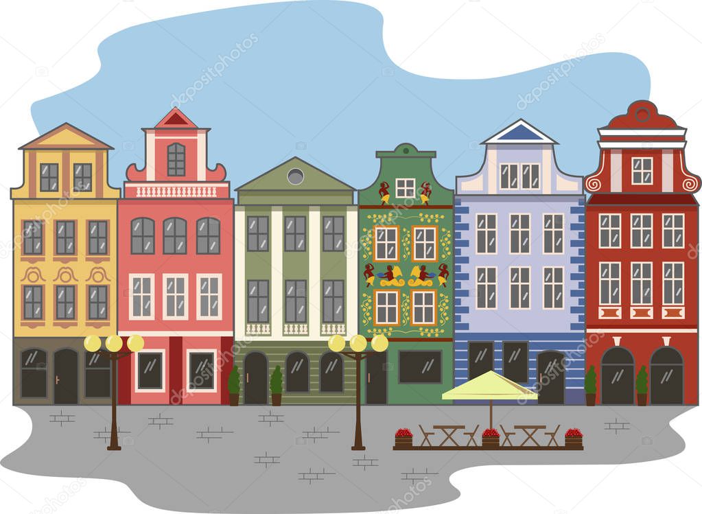 Vector illustration of beautiful street  in Prague, multicolor buildings, beautiful view in pedestrian area, pavement, lanterns and street cafe