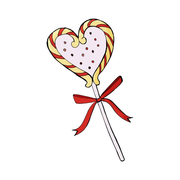 Hartvormige Strepen Lolly Met Een Strik Zoet Voor Valentijnsdag Vector — Stockvector