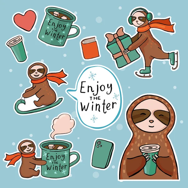 Set Stickers Sloth Cheerful Sloth Holds Large Mug Hot Chocolate — Stock Vector