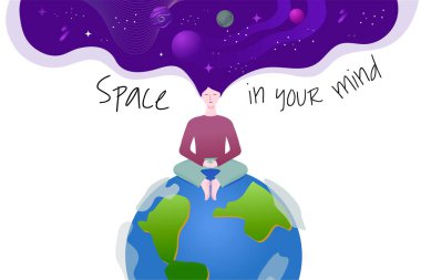 Dünya gezegeninde bir kadın oturuyor. Sakin ve meditasyon. Açık fikirli. Kafasında boşluk var. Yaratıcınız için vektör illüstrasyonu.
