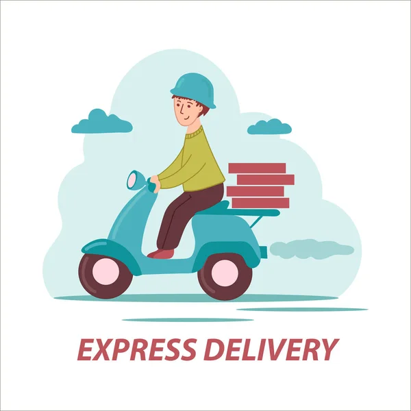 エクスプレス配送サービスの概念は 段ボール箱とオートバイで注文の迅速な配達 ベクトルイラスト Eps — ストックベクタ