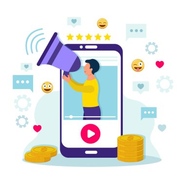 Video blogu monetizasyon kavramı. Nüfuzlu video blogcusu olan video akıllı telefon ekranında elinde megafonla sevdikleri ve gülümseyen ifadelerle..