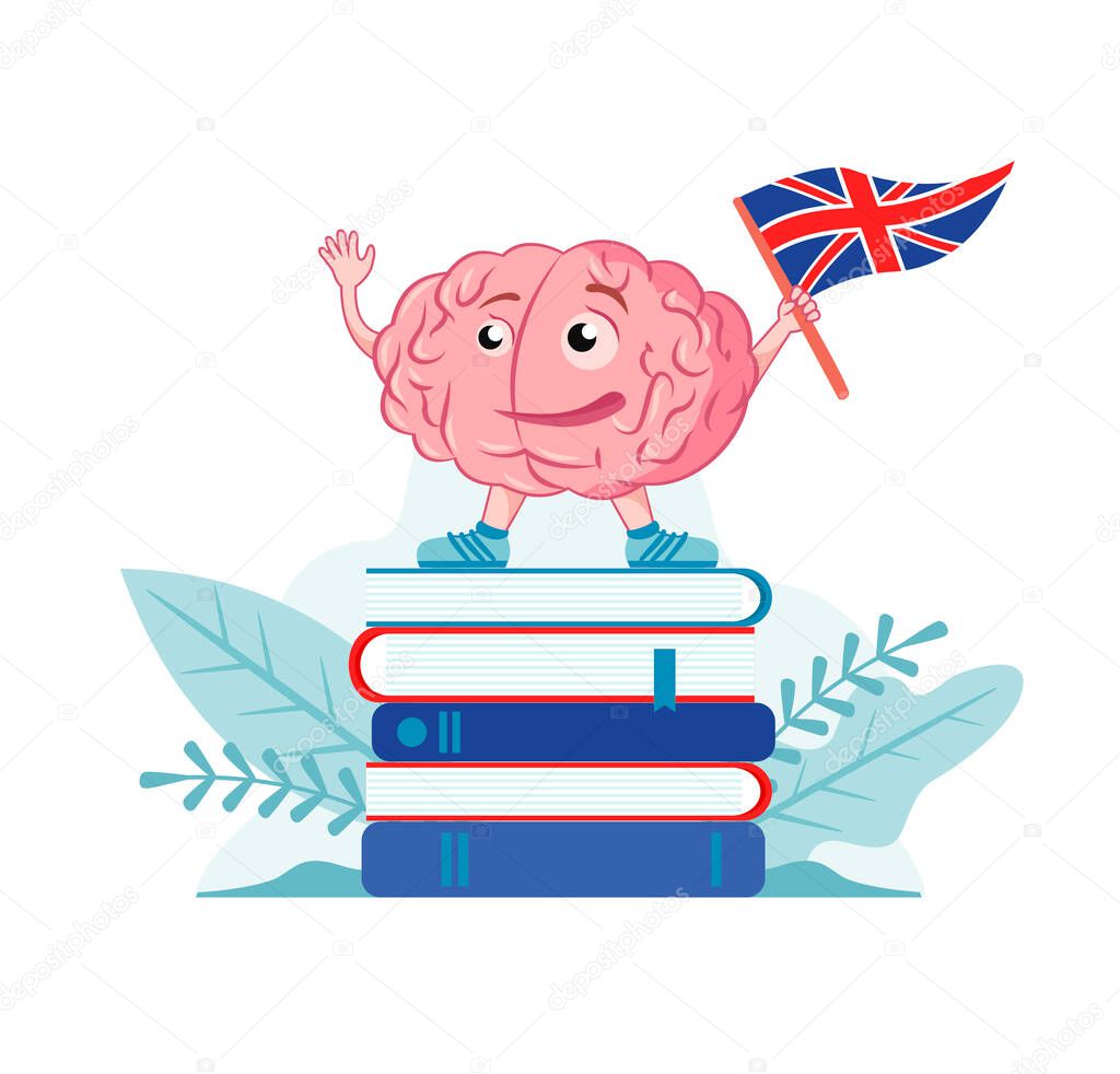 Brain character with the English flag is on the books. Studiing English language. Vector icon, illustation for the logo of English language courses.