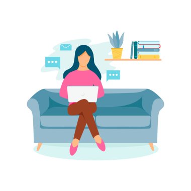 Kadın evdeki kanepede dizüstü bilgisayarla çalışıyor. Serbest çalışmanın teması üzerine vektör illüstrasyonu. 
