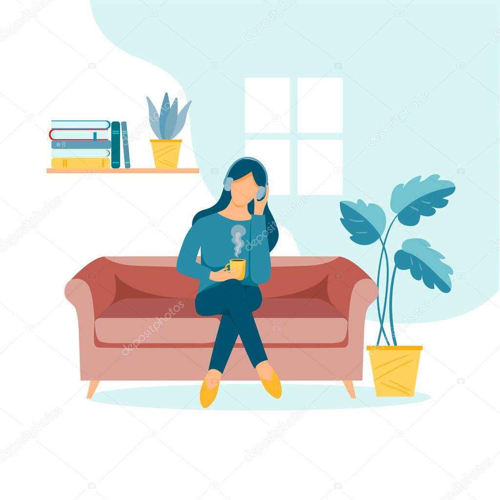  Girl in headphones is sitting on the sofa and listening to music, podcast, audio. Flat vector illustration drawn in trendy style.