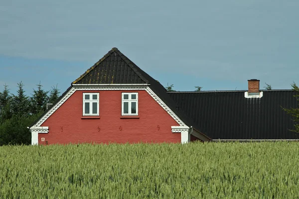 Casa roja cerca del campo verde — Foto de Stock