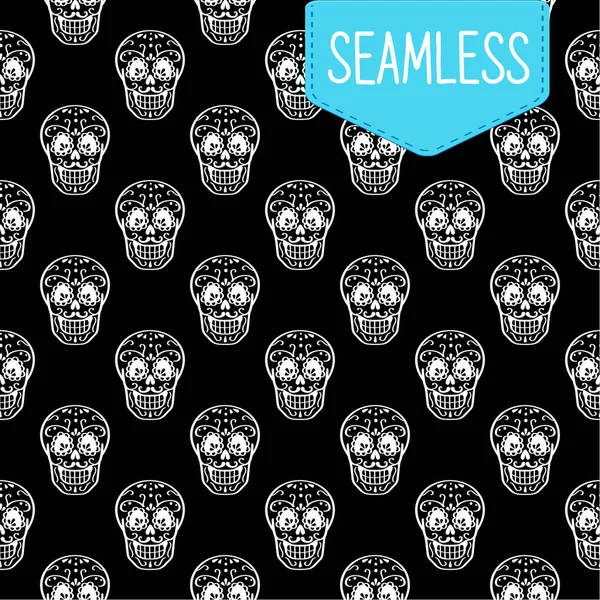 Day of the dead vector seamless pattern of skulls. Hand sketched for postcard. — Stock Vector