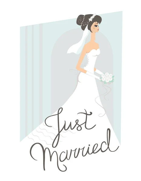 Illustration vectorielle du lettrage 'Vient de se marier' avec une belle mariée — Image vectorielle