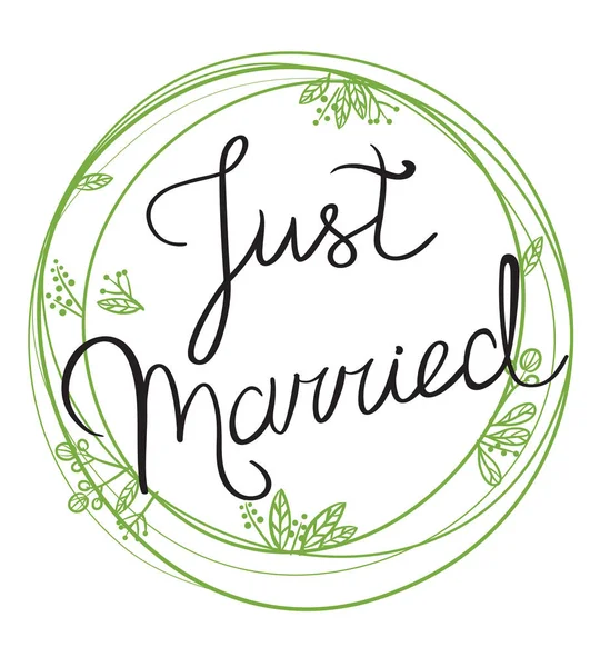 Illustrazione vettoriale di lettering 'Just married' su cornice verde floreale — Vettoriale Stock