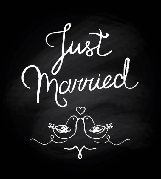 Ilustración vectorial de letras de 'recién casados' en una pizarra con palomas — Archivo Imágenes Vectoriales
