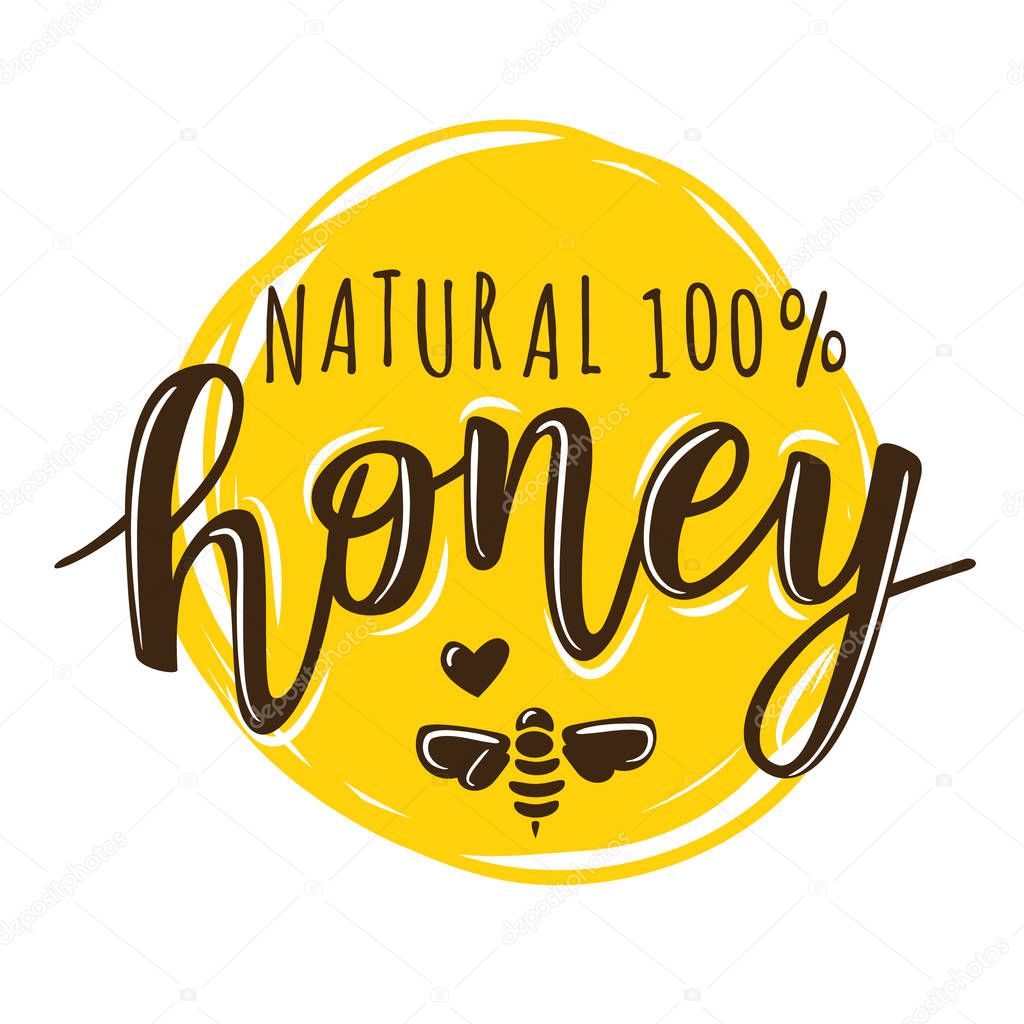 Vector illustration of a 'natural honey' lettering. Logo design template  with a bee