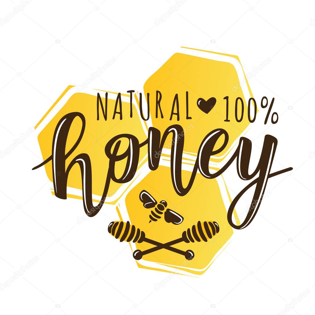 Vector illustration of a 'natural honey' lettering. Logo design template with spoons of honey.