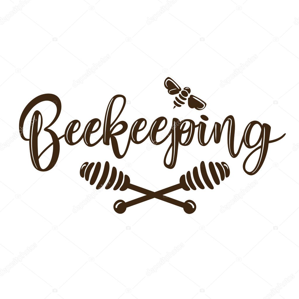 Vector illustration of a 'beekeeping' lettering. Logo design template with spoons of honey and a bee