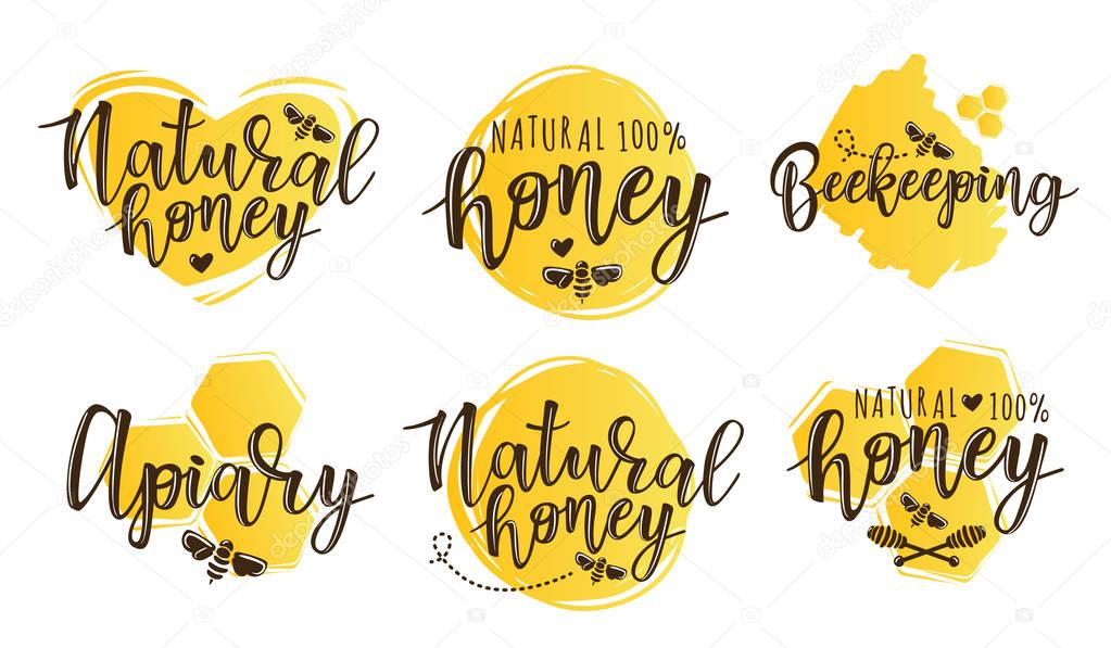 Vector illustration of beekeeping set. Logo design template with spoons of honey and bee