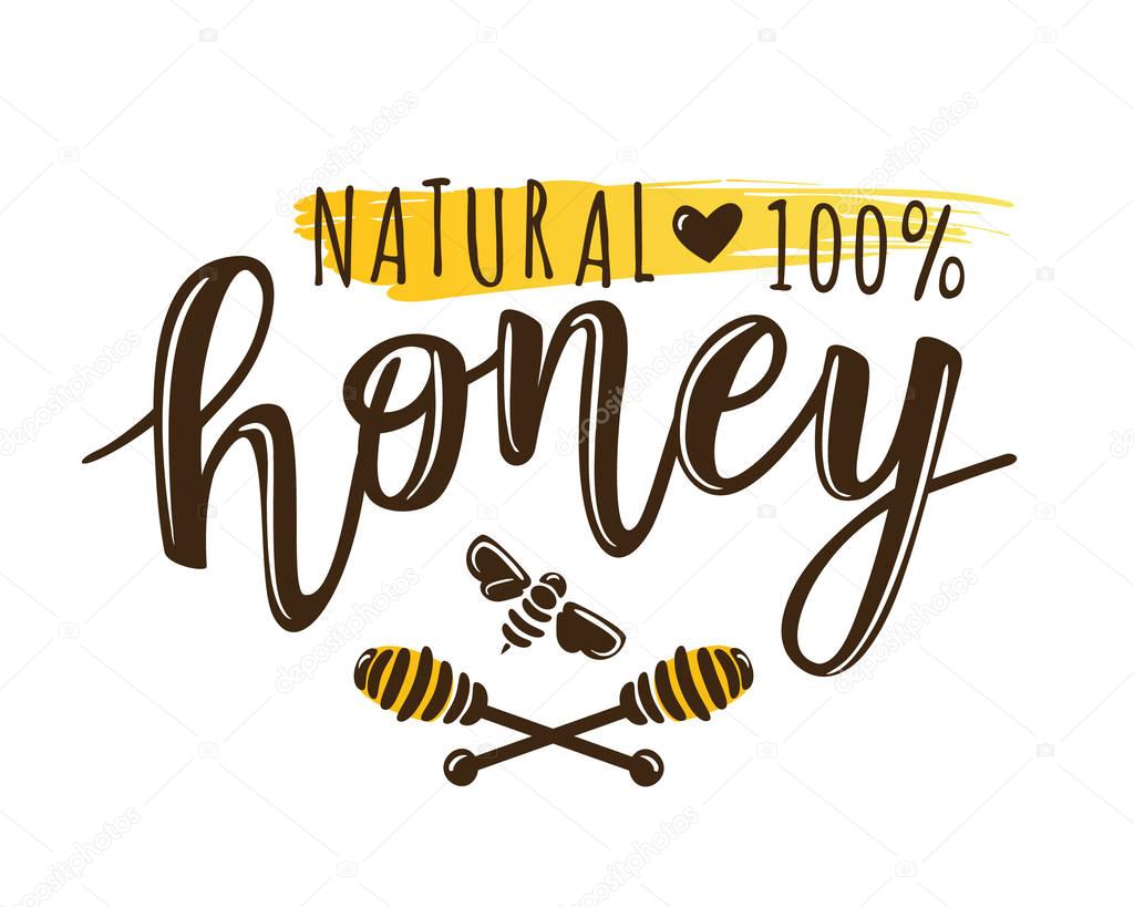 Vector illustration of a 'natural honey' lettering. Sketch logo design template
