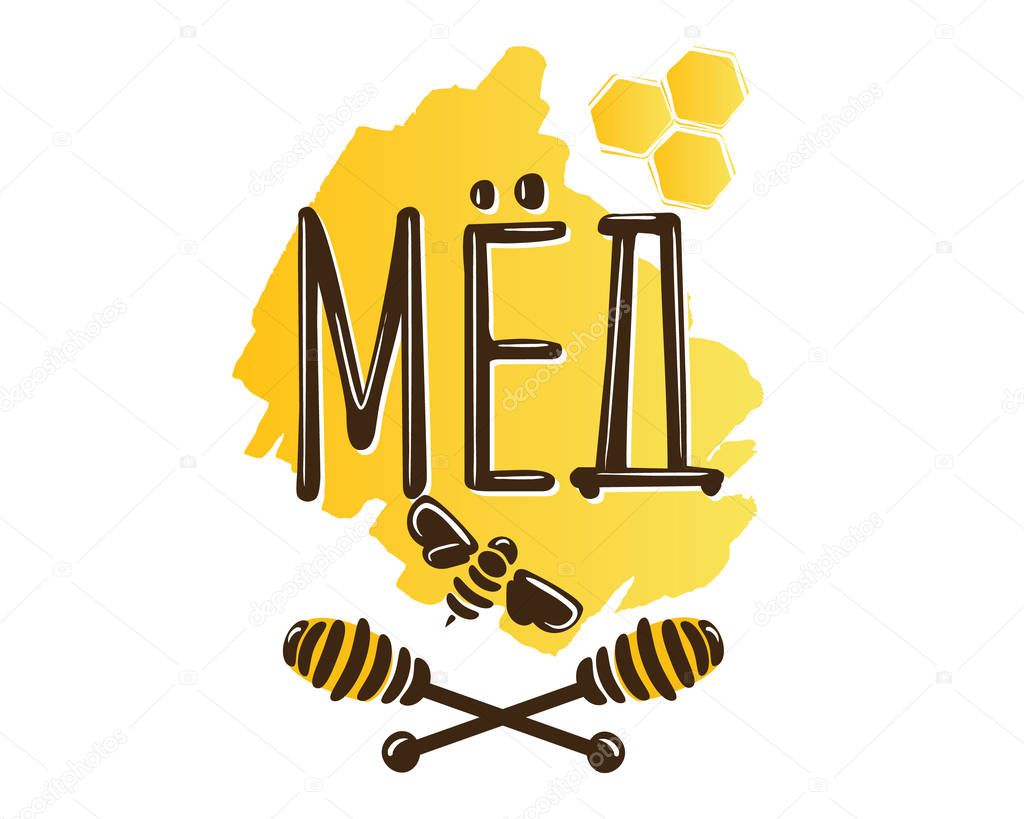 Translated from Russian as honey. Vector illustration of a 'honey' logo. Logo design template with spoons of honey.
