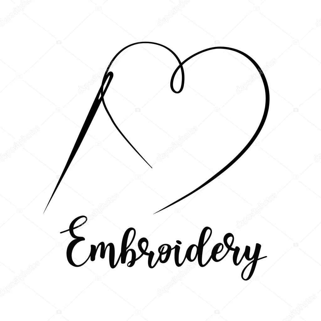 Vector hand made symbol in trendy line style isolated on white background. Embroidery with needle. Logo in linear style.