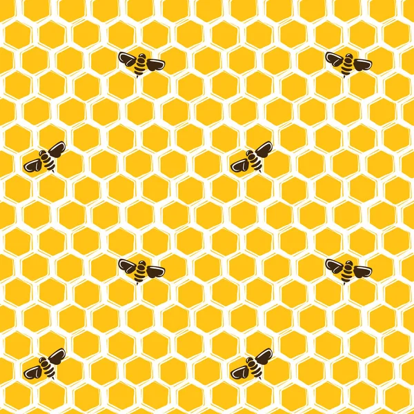 Vector seamless pattern of honeycombs and bees — Stock Vector