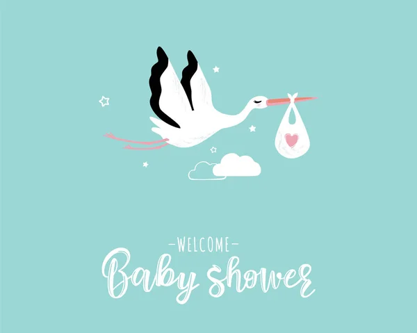 Ilustración vectorial de una ducha de bebé Invitación con cigüeña — Archivo Imágenes Vectoriales
