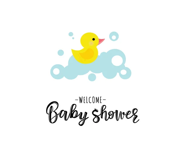 Ilustración vectorial de una ducha de bebé Invitación con un lindo pato amarillo — Archivo Imágenes Vectoriales