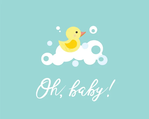 Ilustración vectorial de una ducha de bebé Invitación con un lindo pato amarillo — Archivo Imágenes Vectoriales