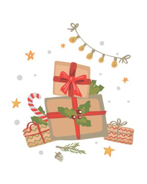 Beyaz bir arka plan üzerinde Noel hediyeleri