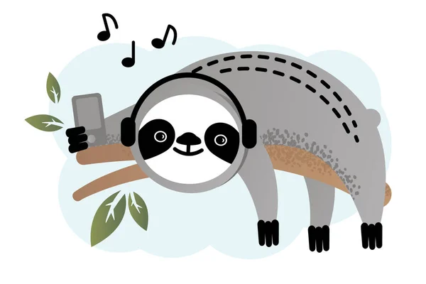 Милий лінивець прослуховування музики — стоковий вектор