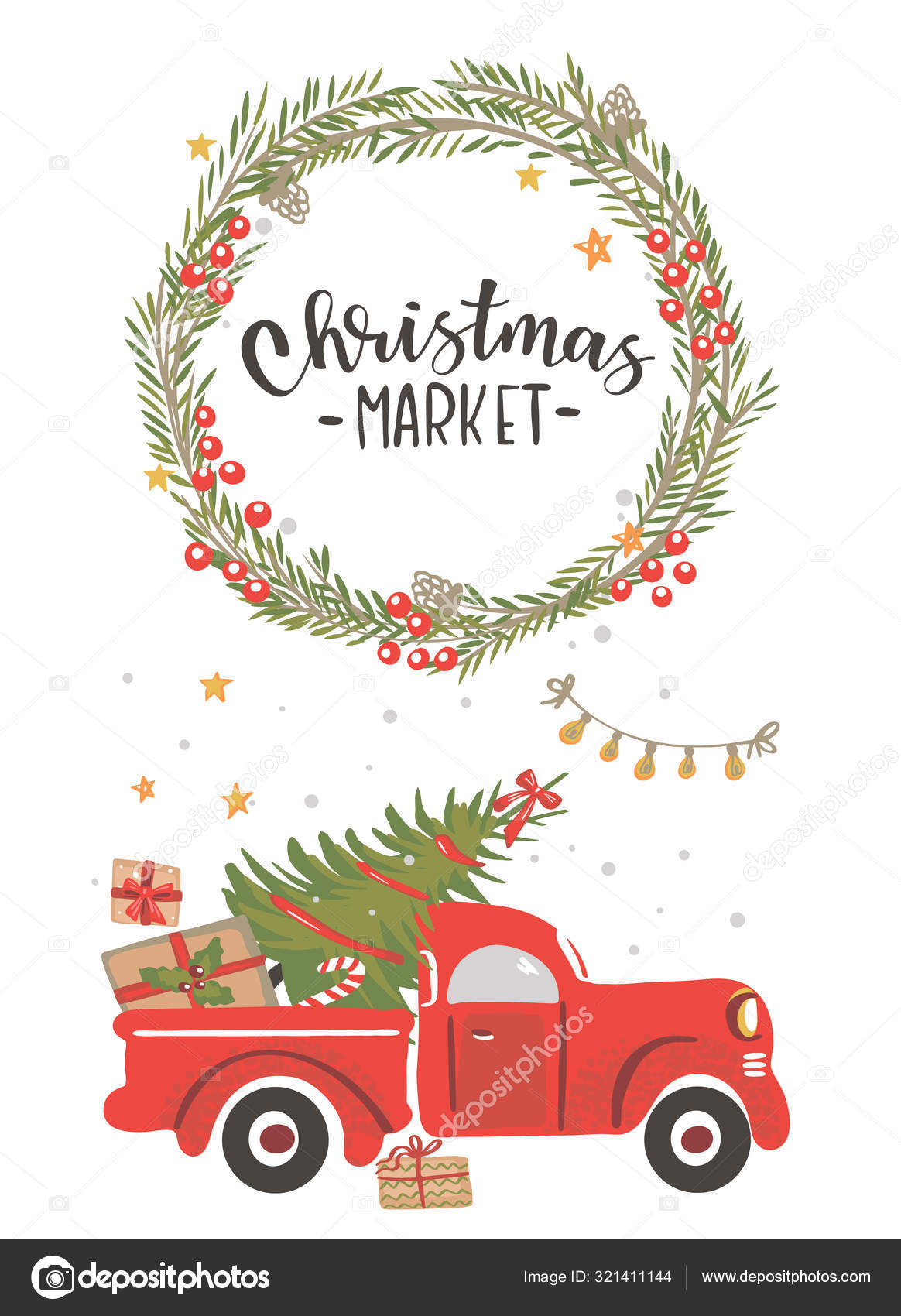 Christmas red truck with a Christmas tree. Stock Vector Image by