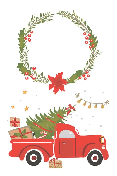 Christmas red truck with a Christmas tree. — Stock Vector