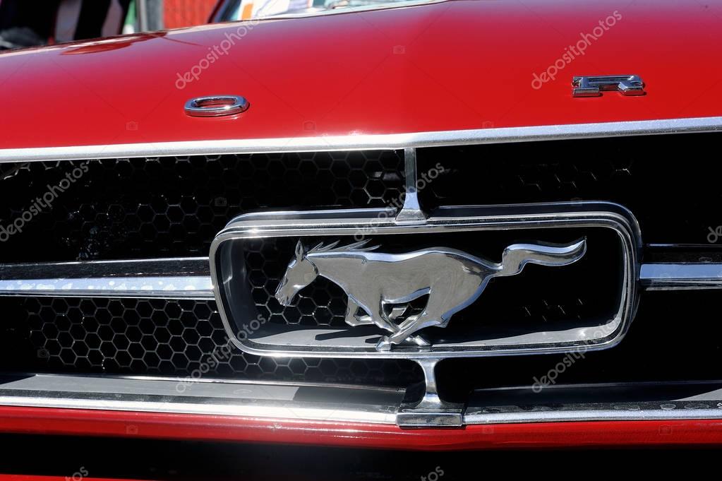 Ales, France - April 9, 2017: Close-up on a Ford Mustang grille and the brand logo