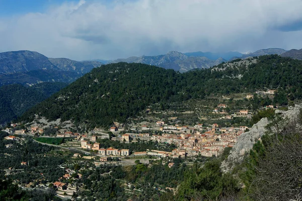 Pueblo Peille Departamento Francés Alpes Vista Marítima Desde Las Alturas —  Fotos de Stock