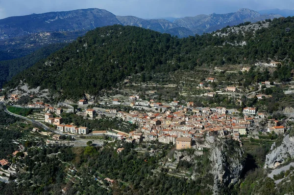 Village Peille Francia Megyében Alpes Maritimes Kilátás Magasból — Stock Fotó