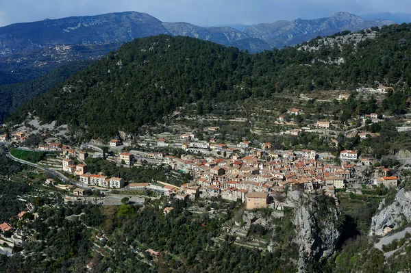 Village Peille Det Franska Departementet Alpes Maritimes Utsikt Från Höjderna — Stockfoto