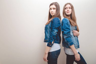 Uzun siyah saçlı ve doğal makyaj kameraya bakarak gülen mutlu kot gömlek giymiş olan iki güzel genç kadın portre portre