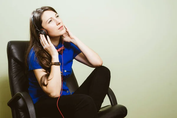 Portrait Happy Smiling Pretty Girl Holding Headphones Listening Music Looking — Stock Photo, Image