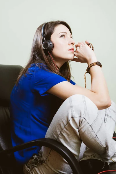 Portrait Happy Smiling Pretty Girl Holding Headphones Listening Music Looking — Stock Photo, Image