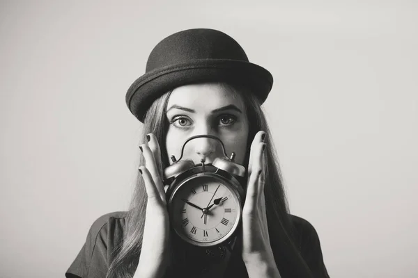 Black White Portrait Elegant Beautiful Young Lady Hat Showing Alarm — Stock Photo, Image