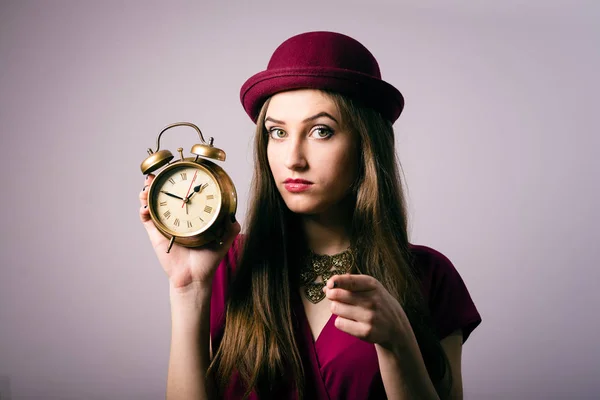 Portrait Elegant Beautiful Young Lady Hat Showing Alarm Clock Pointing — Stock Photo, Image